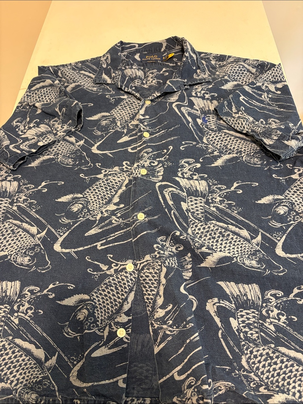 Polo by Ralph Lauren Navy and White Koi-Print Short Sleeve Button-Up Shirt